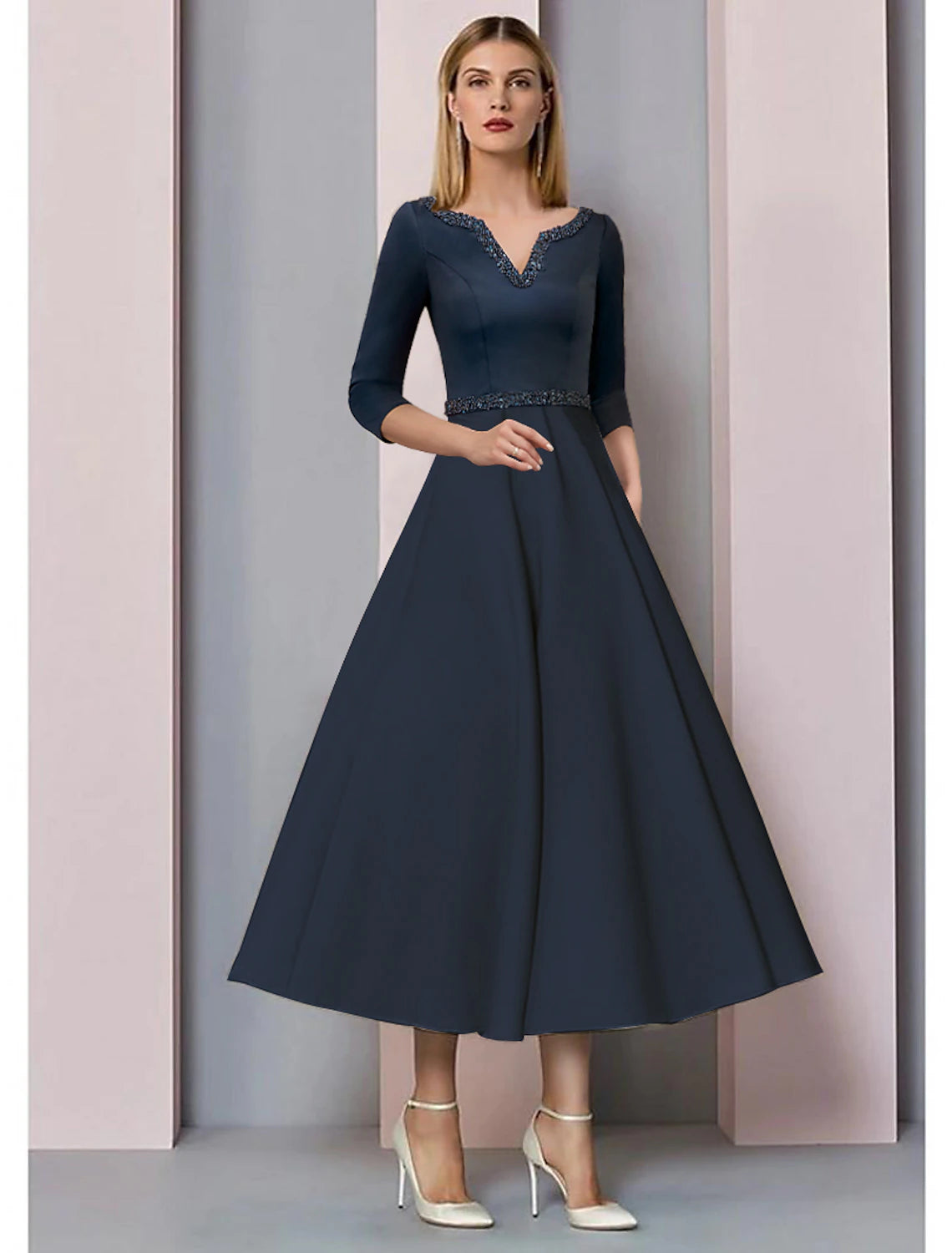 Wholesale  A-Line Mother of the Bride Dress Wedding Guest Vintage Elegant V Neck Tea Length Satin Short Sleeve with Pleats Beading